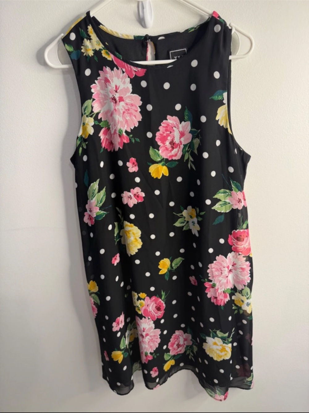 JH Collectibles Black Floral Polka Dot Mini Dress with Pink and Yellow Flowers
